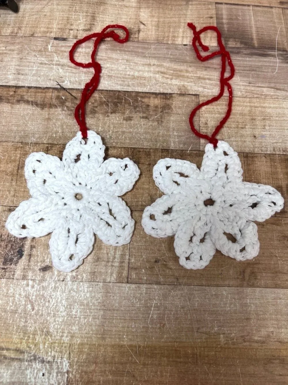 Crochet White Snowflake Ornaments With Red Hanging Loop - Set Of 2 - Handmade